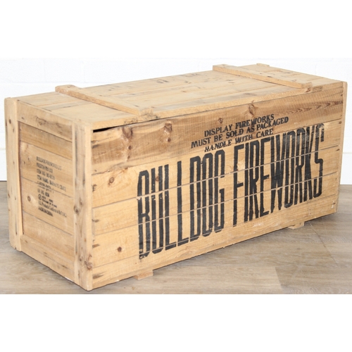 295 - Vintage wooden Bulldog Fireworks advertising lidded-crate, 81cm x 32cm x 38cm