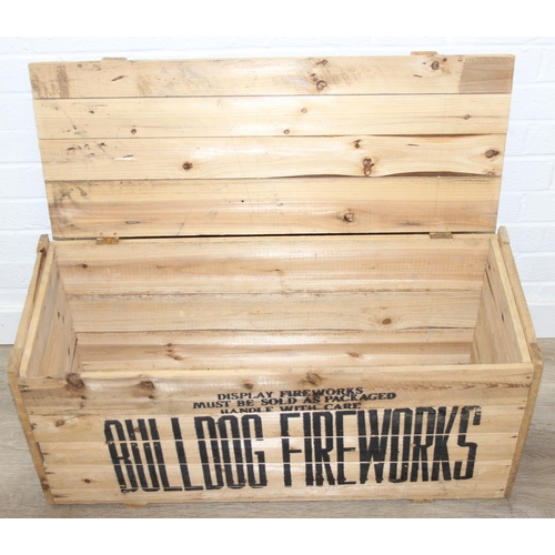 295 - Vintage wooden Bulldog Fireworks advertising lidded-crate, 81cm x 32cm x 38cm