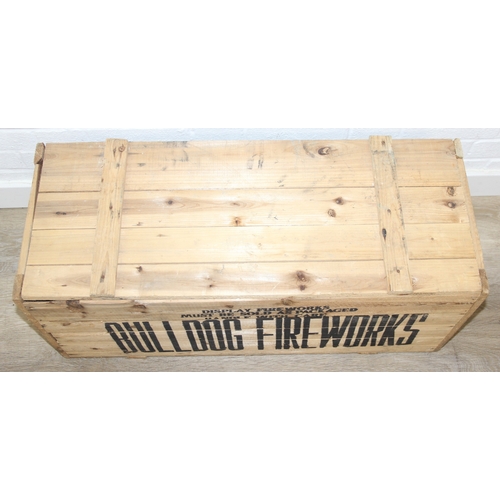 295 - Vintage wooden Bulldog Fireworks advertising lidded-crate, 81cm x 32cm x 38cm