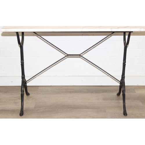 316 - Marble topped table with iron base, 100cm x 60cm x 70cm