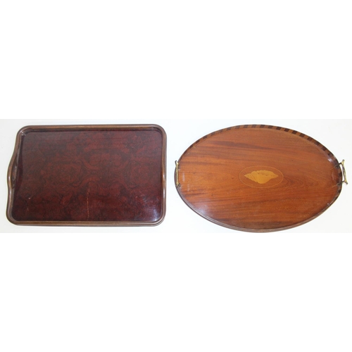 299A - Two wooden serving trays to incl an Edwardian Sheraton Revival example with centre shell detail and ... 