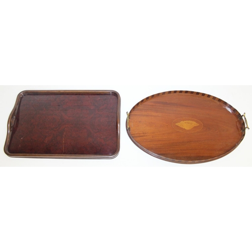 299A - Two wooden serving trays to incl an Edwardian Sheraton Revival example with centre shell detail and ... 
