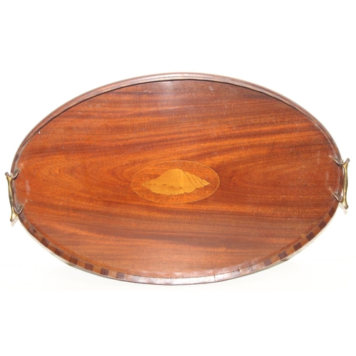 299A - Two wooden serving trays to incl an Edwardian Sheraton Revival example with centre shell detail and ... 