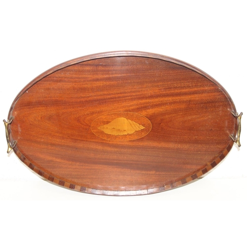299A - Two wooden serving trays to incl an Edwardian Sheraton Revival example with centre shell detail and ... 