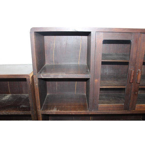 10 - A large two-piece bookcase or display shelves with glazed cupboard, early-mid 20th century, 296cm x ... 