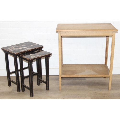 179 - Nest of two oriental style lacquered tables with mother of pearl inlay and a light oak side table wi... 