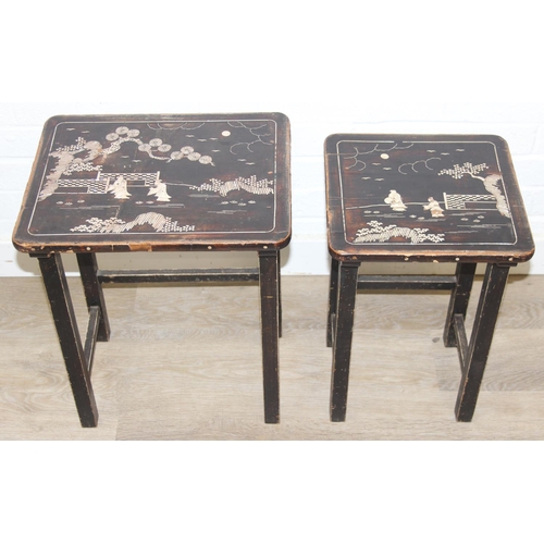 179 - Nest of two oriental style lacquered tables with mother of pearl inlay and a light oak side table wi... 