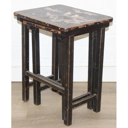 179 - Nest of two oriental style lacquered tables with mother of pearl inlay and a light oak side table wi... 