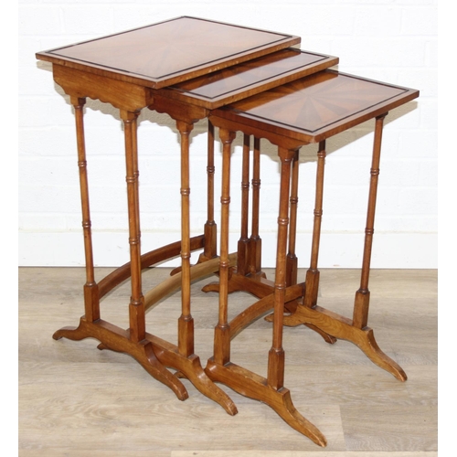 83 - Vintage nest of tables with bamboo style turned legs, sunburst design inlaid tops and raised inlaid ... 
