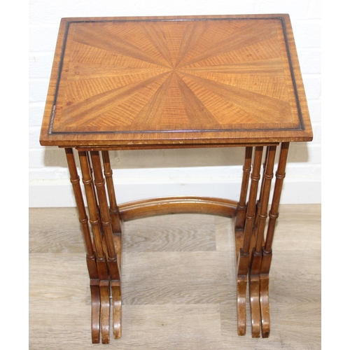 83 - Vintage nest of tables with bamboo style turned legs, sunburst design inlaid tops and raised inlaid ... 