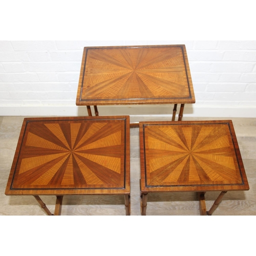 83 - Vintage nest of tables with bamboo style turned legs, sunburst design inlaid tops and raised inlaid ... 