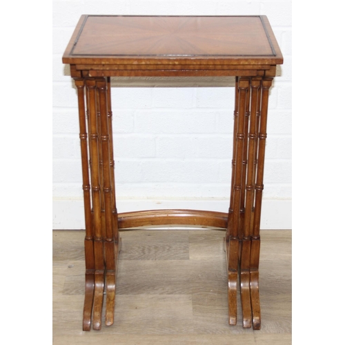 83 - Vintage nest of tables with bamboo style turned legs, sunburst design inlaid tops and raised inlaid ... 