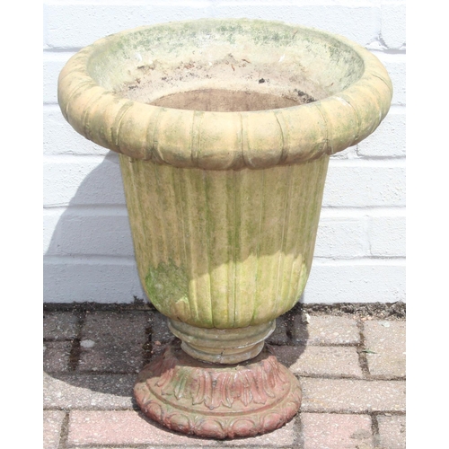 322 - Antique ceramic garden urn with cast iron base, 43cm diameter x 48cm tall