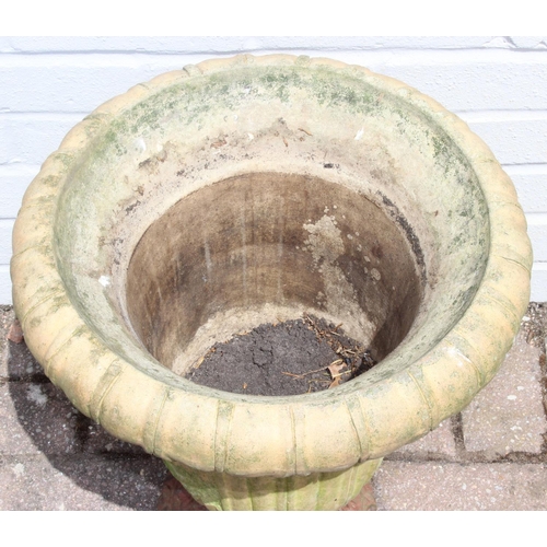 322 - Antique ceramic garden urn with cast iron base, 43cm diameter x 48cm tall