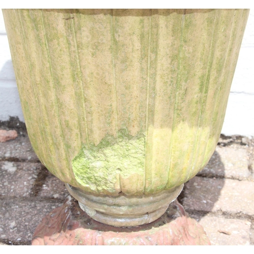 322 - Antique ceramic garden urn with cast iron base, 43cm diameter x 48cm tall