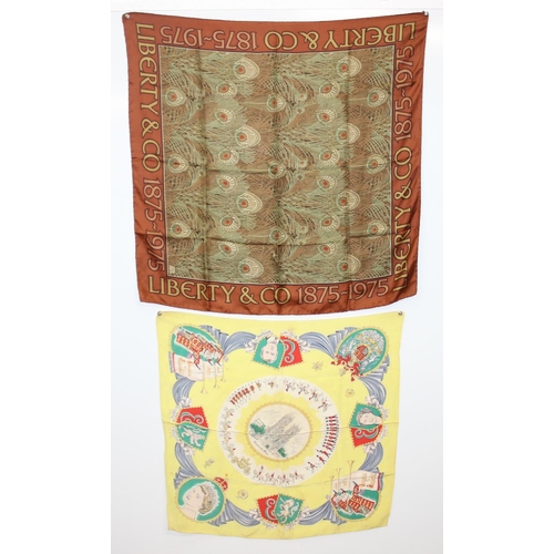 223 - Liberty of London 100th anniversary silk scarf with Hera peacock feather design, and a 1953 coronati... 