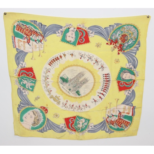 223 - Liberty of London 100th anniversary silk scarf with Hera peacock feather design, and a 1953 coronati... 