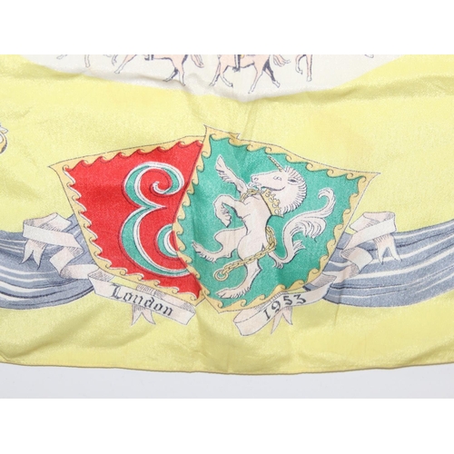 223 - Liberty of London 100th anniversary silk scarf with Hera peacock feather design, and a 1953 coronati... 