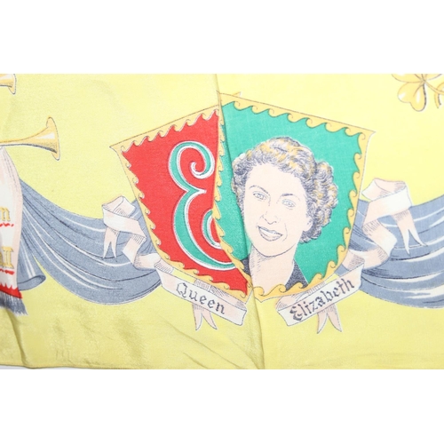 223 - Liberty of London 100th anniversary silk scarf with Hera peacock feather design, and a 1953 coronati... 