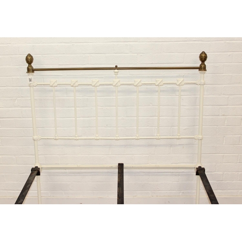 115 - A vintage white painted cast iron and brass small double bed frame, likely late Victorian, 122cm x 2... 