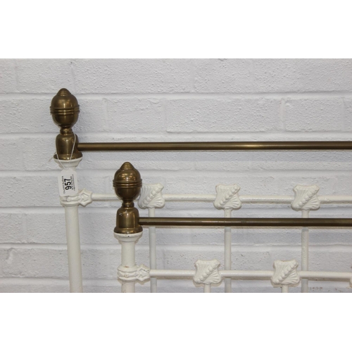 115 - A vintage white painted cast iron and brass small double bed frame, likely late Victorian, 122cm x 2... 