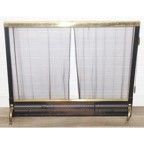 299B - An unusual antique style brass fire screen with metal chain-mail mesh drapery on pulley system, 97cm... 