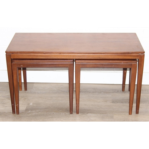 199B - Retro nest of tables, one long with two square under, unmarked but possibly Fyne Layde Afromosia ran... 