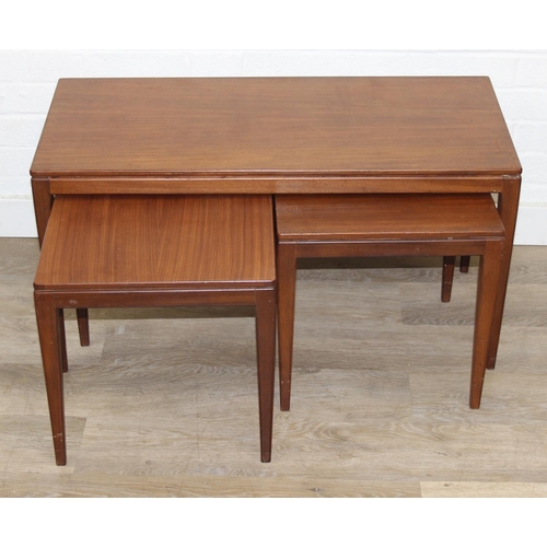199B - Retro nest of tables, one long with two square under, unmarked but possibly Fyne Layde Afromosia ran... 