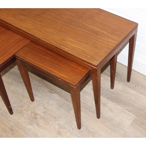 199B - Retro nest of tables, one long with two square under, unmarked but possibly Fyne Layde Afromosia ran... 