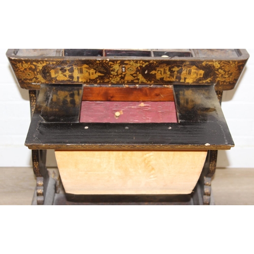 32 - A 19th century Chinese export lacquer work table or sewing table, the top with rounded corners, deco... 