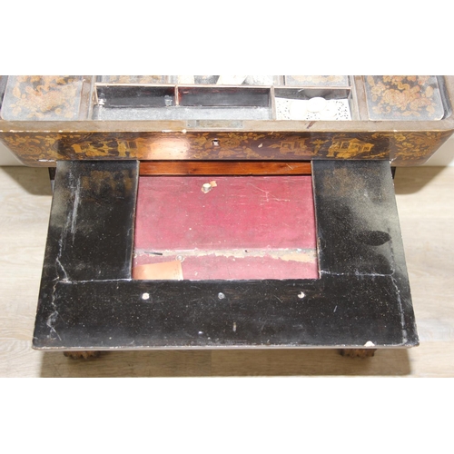 32 - A 19th century Chinese export lacquer work table or sewing table, the top with rounded corners, deco... 