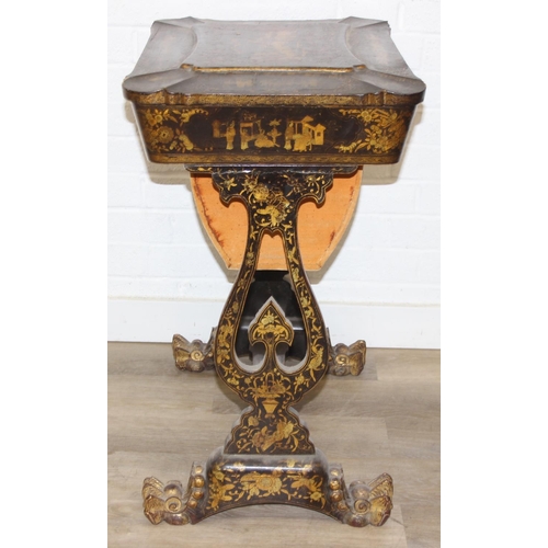 32 - A 19th century Chinese export lacquer work table or sewing table, the top with rounded corners, deco... 