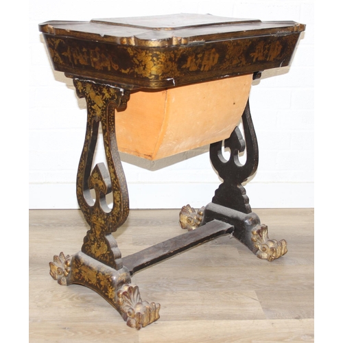 32 - A 19th century Chinese export lacquer work table or sewing table, the top with rounded corners, deco... 