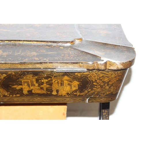 32 - A 19th century Chinese export lacquer work table or sewing table, the top with rounded corners, deco... 