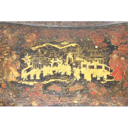 32 - A 19th century Chinese export lacquer work table or sewing table, the top with rounded corners, deco... 