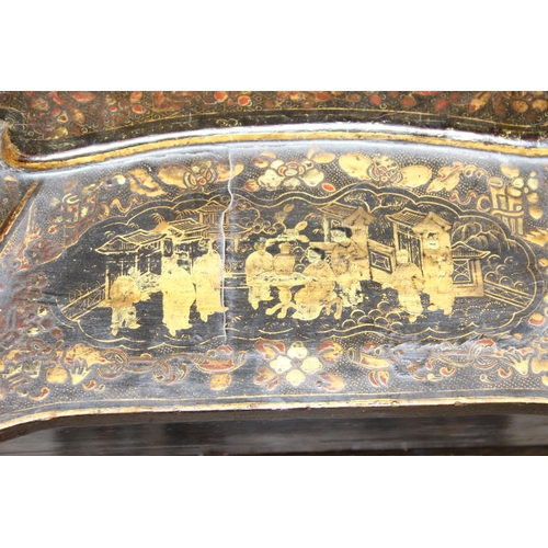 32 - A 19th century Chinese export lacquer work table or sewing table, the top with rounded corners, deco... 