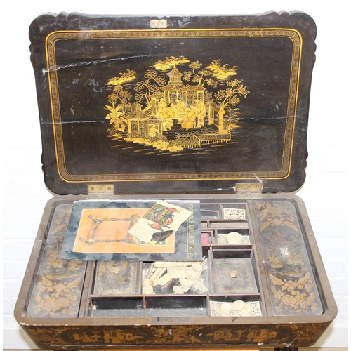32 - A 19th century Chinese export lacquer work table or sewing table, the top with rounded corners, deco... 
