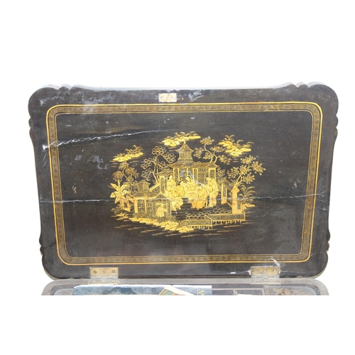 32 - A 19th century Chinese export lacquer work table or sewing table, the top with rounded corners, deco... 