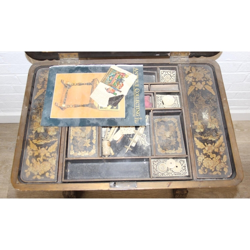 32 - A 19th century Chinese export lacquer work table or sewing table, the top with rounded corners, deco... 