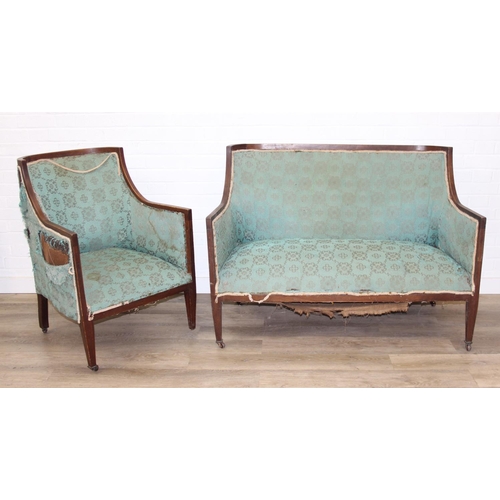 199 - A Regency style turquoise green patterned sofa and armchair with exposed mahogany frame and brass ca... 