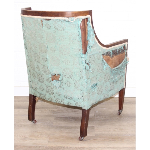 199 - A Regency style turquoise green patterned sofa and armchair with exposed mahogany frame and brass ca... 