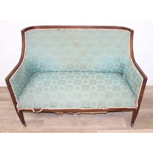 199 - A Regency style turquoise green patterned sofa and armchair with exposed mahogany frame and brass ca... 