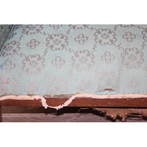 199 - A Regency style turquoise green patterned sofa and armchair with exposed mahogany frame and brass ca... 