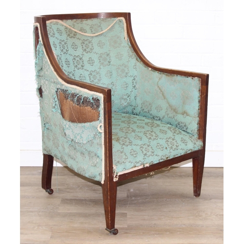 199 - A Regency style turquoise green patterned sofa and armchair with exposed mahogany frame and brass ca... 