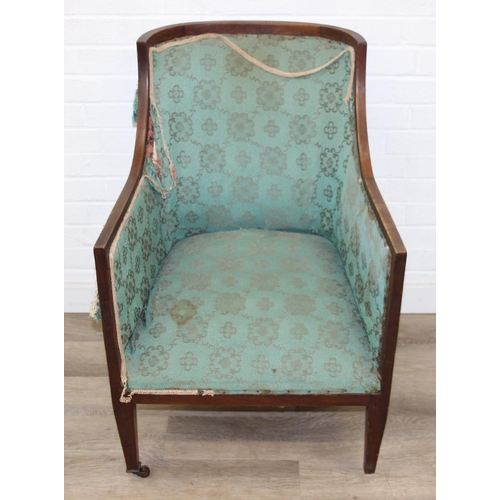 199 - A Regency style turquoise green patterned sofa and armchair with exposed mahogany frame and brass ca... 