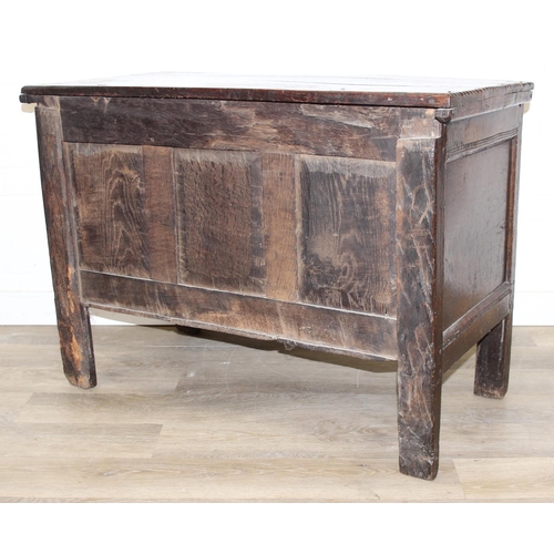 195 - An antique oak coffer with carved details and candle box to interior, likely 18th century, unusual s... 