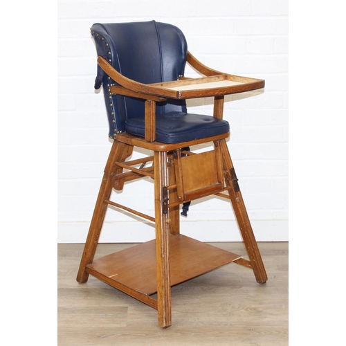 188 - A vintage child's highchair with blue upholstery, 54cm x 52cm x 96cm