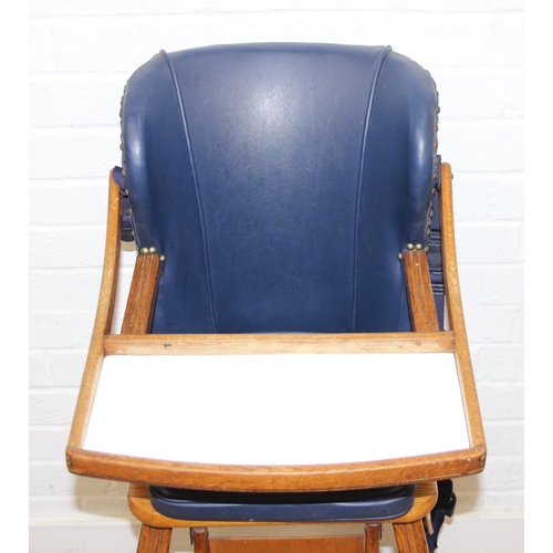 188 - A vintage child's highchair with blue upholstery, 54cm x 52cm x 96cm