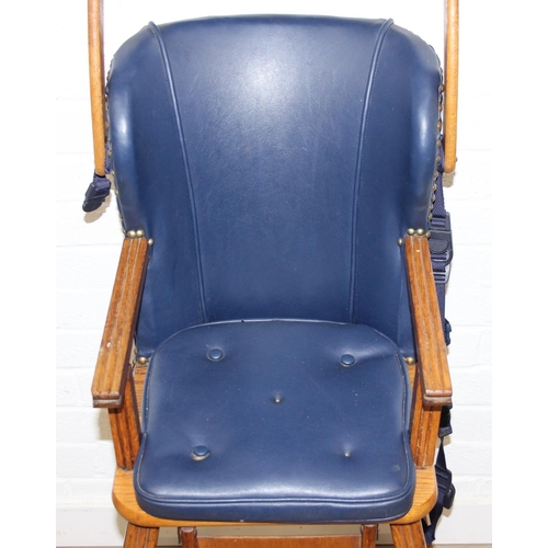 188 - A vintage child's highchair with blue upholstery, 54cm x 52cm x 96cm