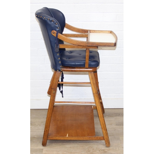 188 - A vintage child's highchair with blue upholstery, 54cm x 52cm x 96cm